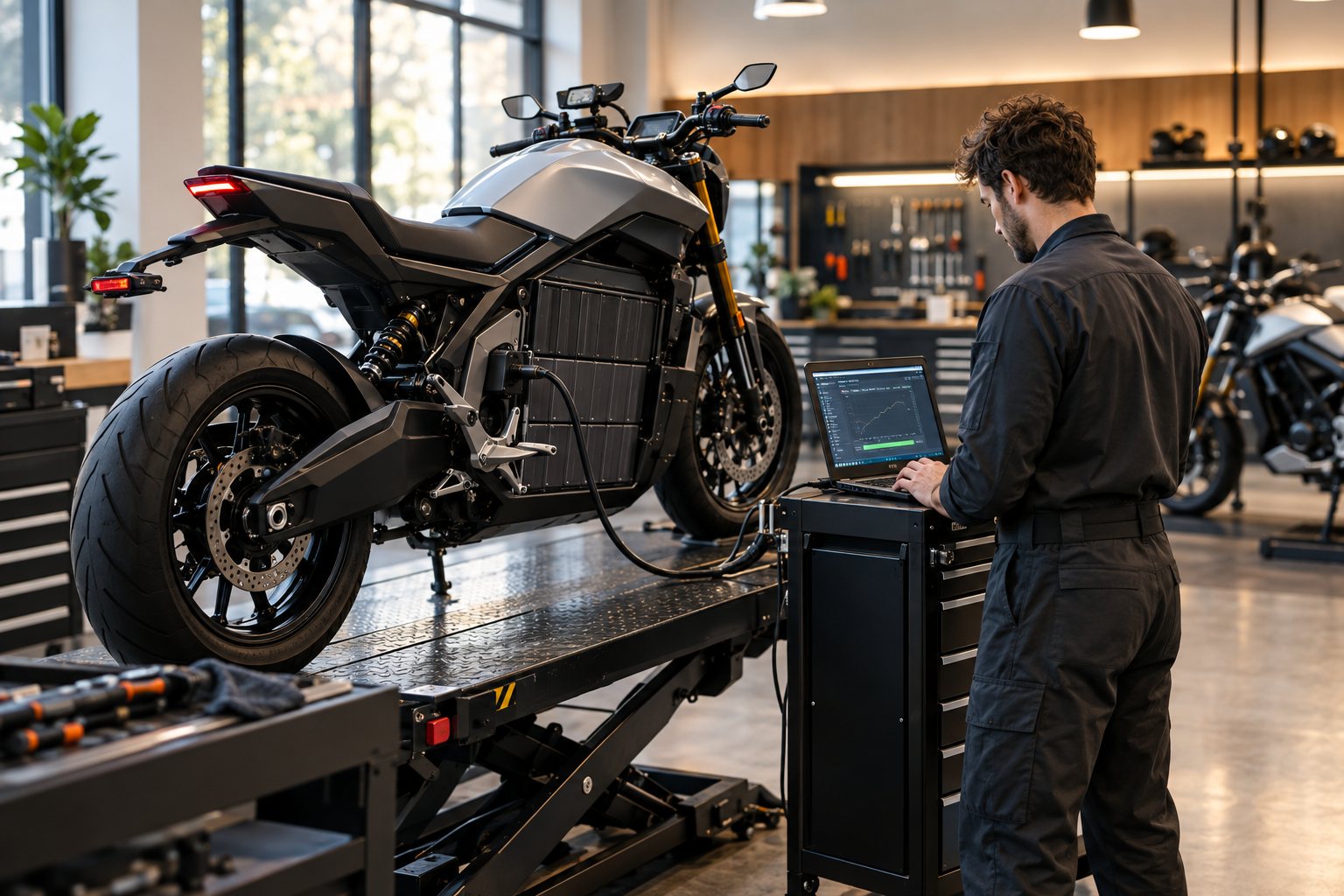Technicien en atelier sur une moto électrique